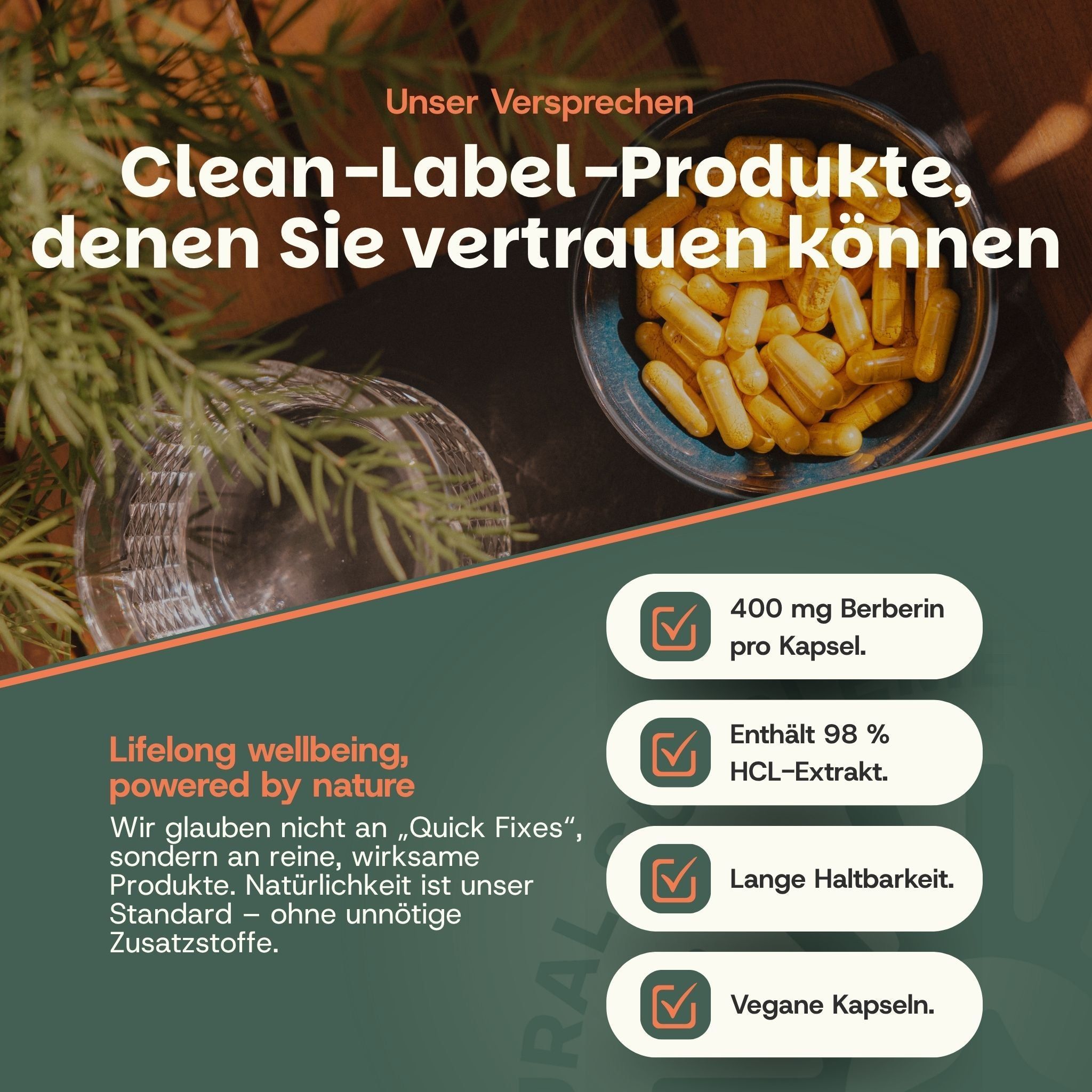 Schaal met gele capsules, naast een glas water en een verpakking. Tekst benadrukt 'Clean Label'.