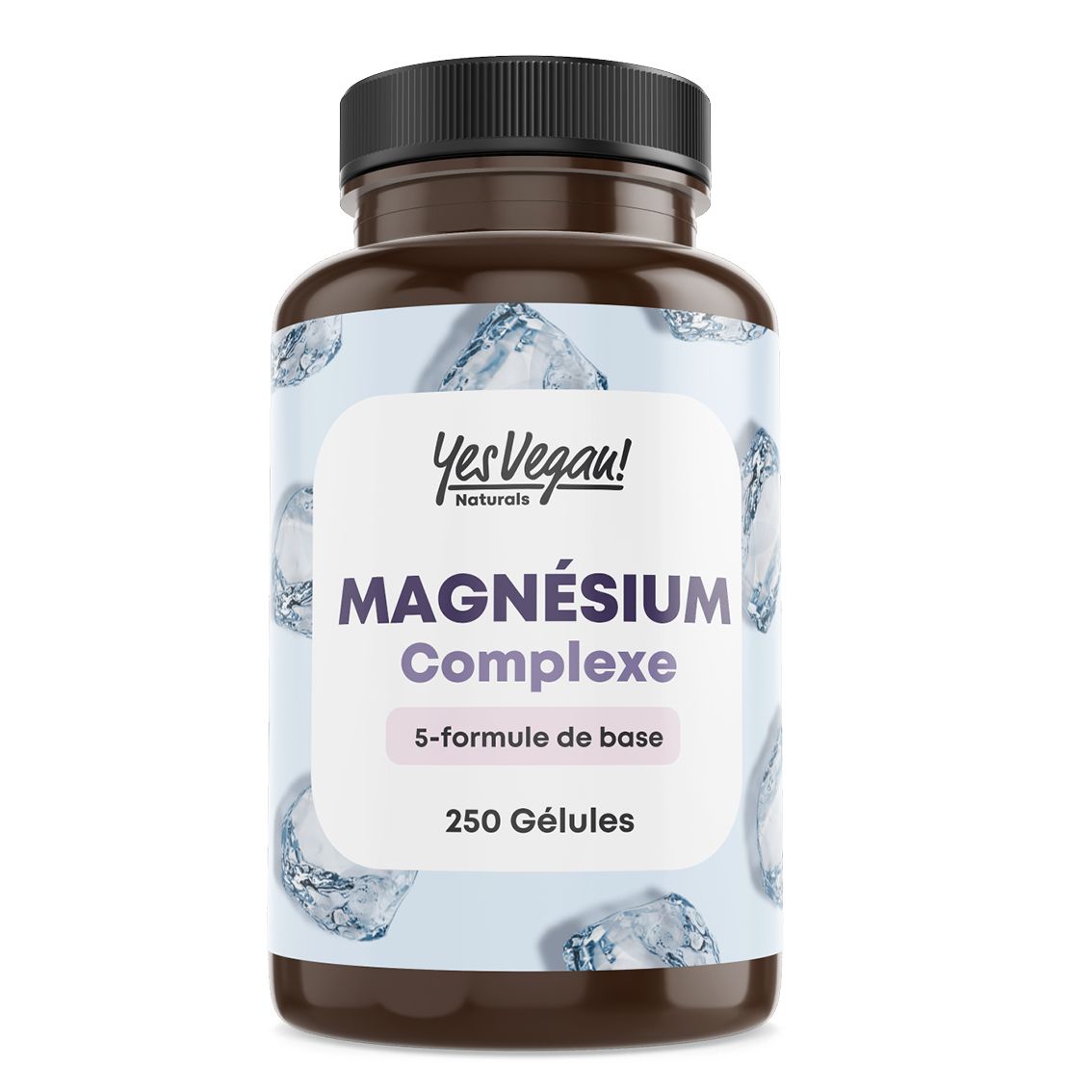 Flacon Magnésium Complexe, formule 5 sources, 250 gélules. Motif glaçons.