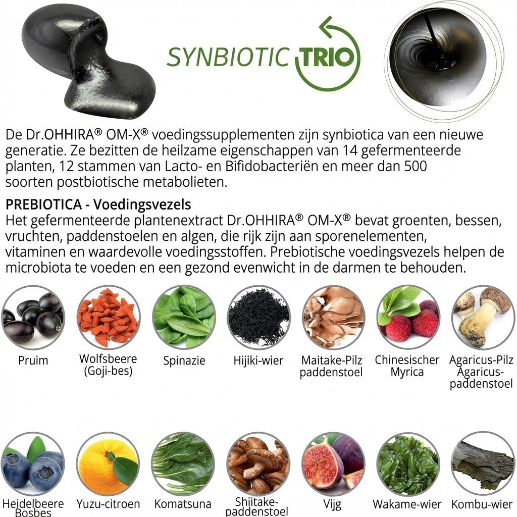 Drie zwarte, organisch gevormde capsules met de tekst SYNBIOTIC TRIO.