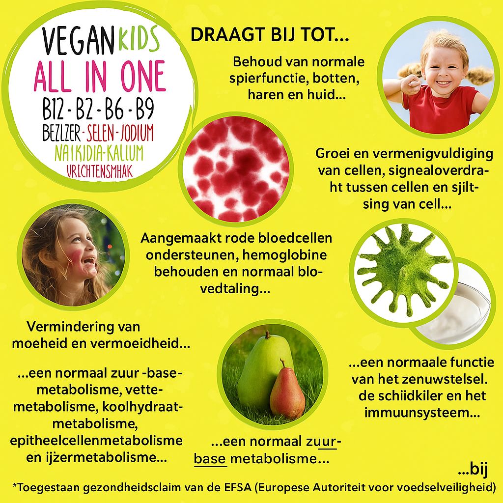 Gele achtergrond met illustraties. Tekst: Vegan Kids All In One. Draagt bij aan verschillende functies. Kind met rode mond.