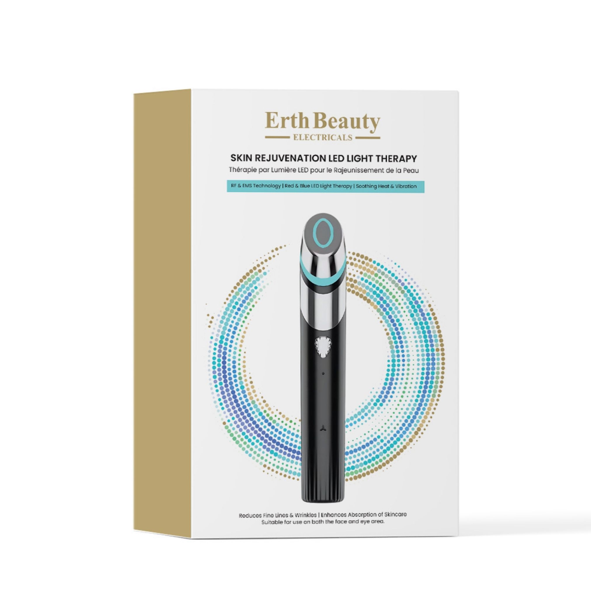 Erth Beauty LED-lichttherapieapparaat en verpakking. Zwart apparaat met blauw licht. Tekst: Skin Rejuvenation LED Light Therapy.