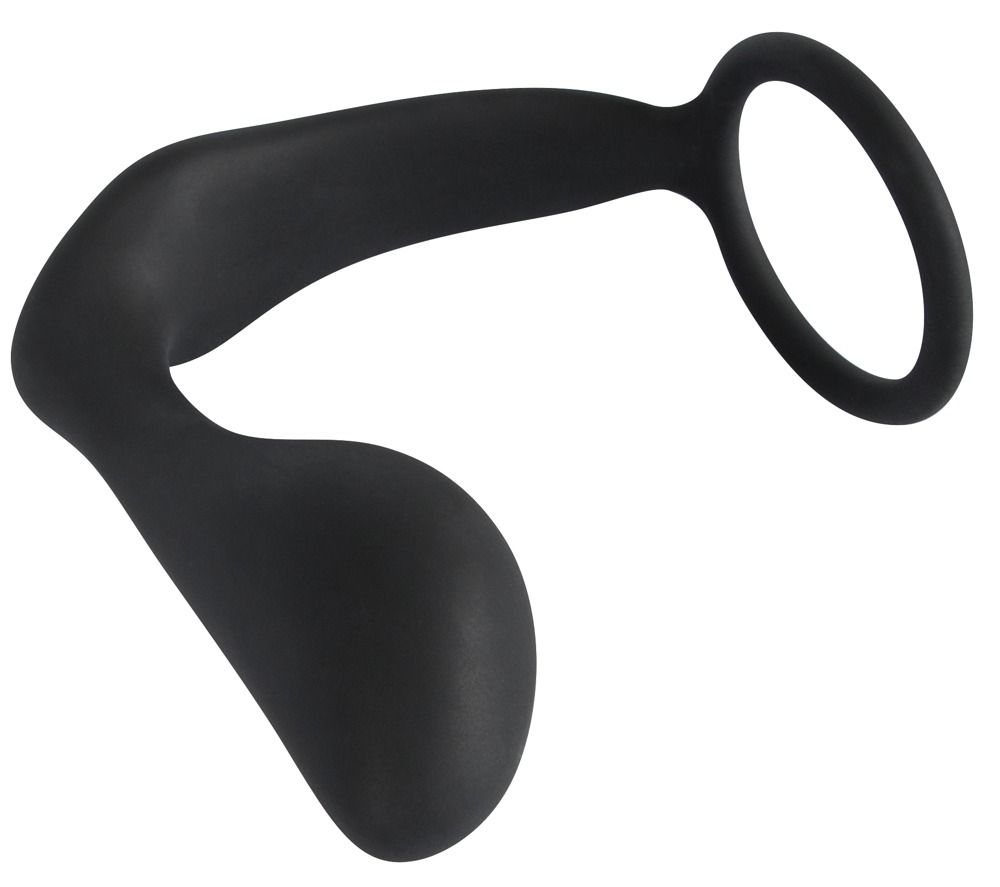 Anneau pénien noir avec plug en silicone.