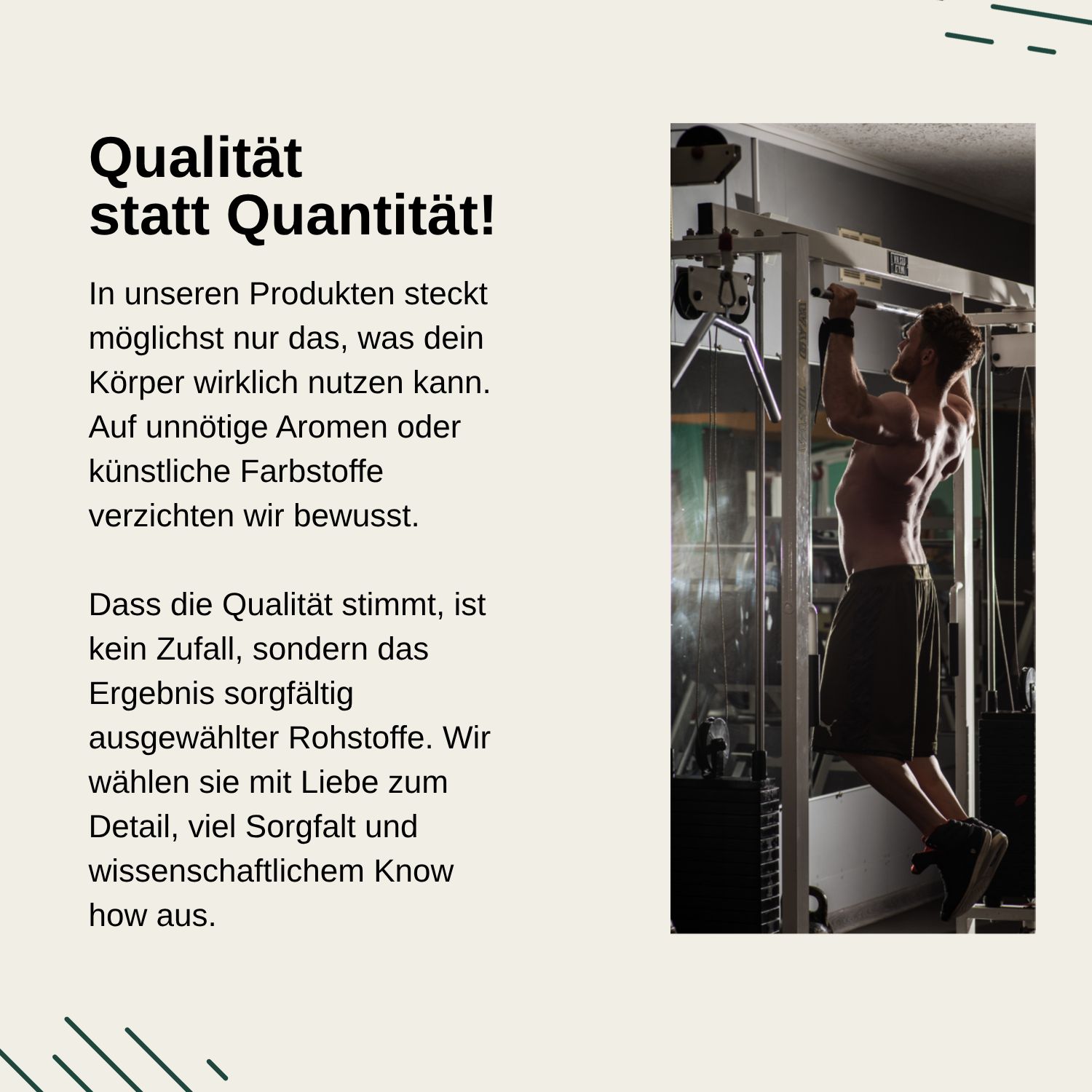 Man traint aan optrekstang. Vita Elements legt nadruk op kwaliteit boven kwantiteit.