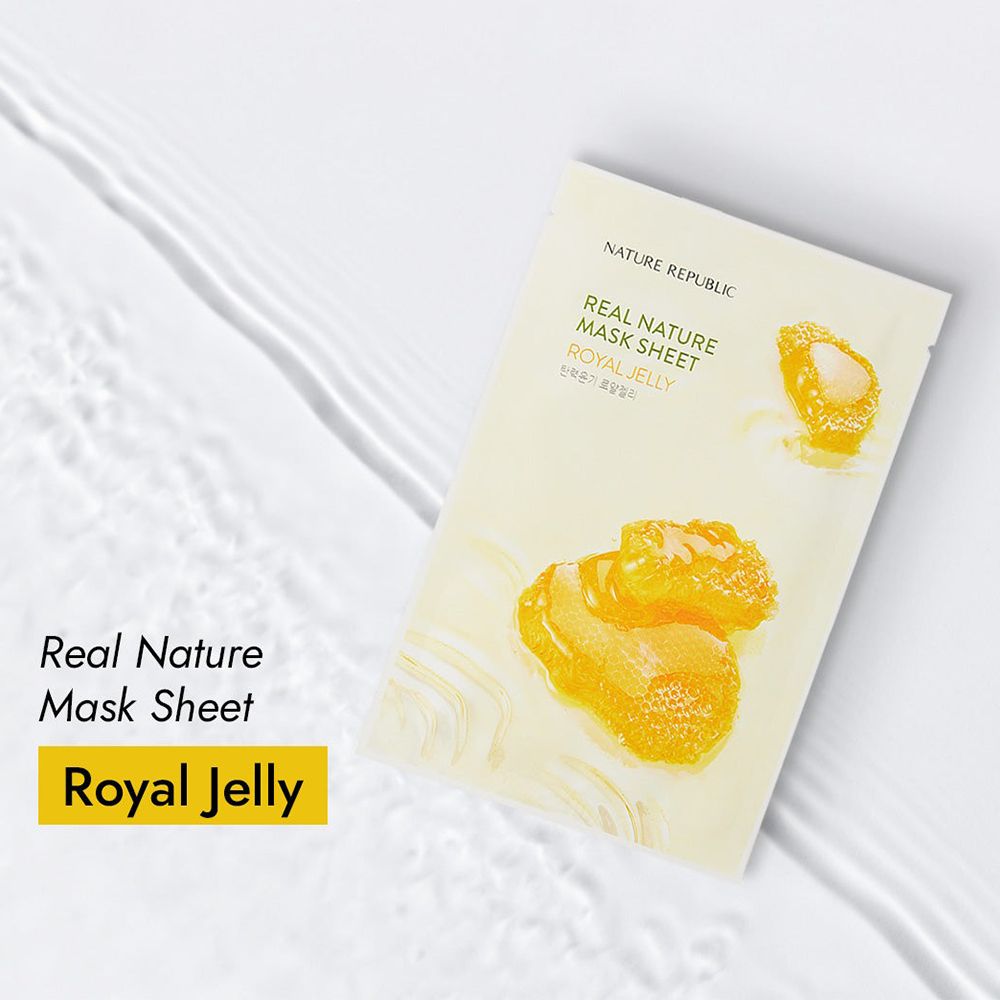 Emballage NATURE REPUBLIC Real Nature Royal Jelly Sheet Mask. Masque jaune sur fond blanc avec de l'eau. Nom du produit clairement visible.