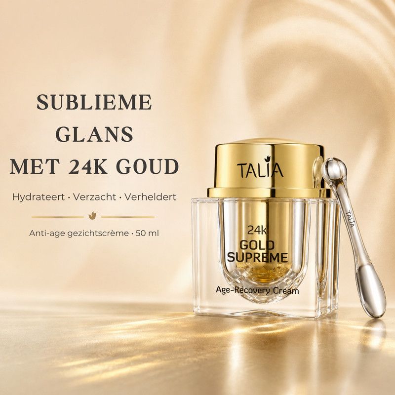 Een pot Talia 24k Gold Supreme Age-Recovery Cream met een spatel.