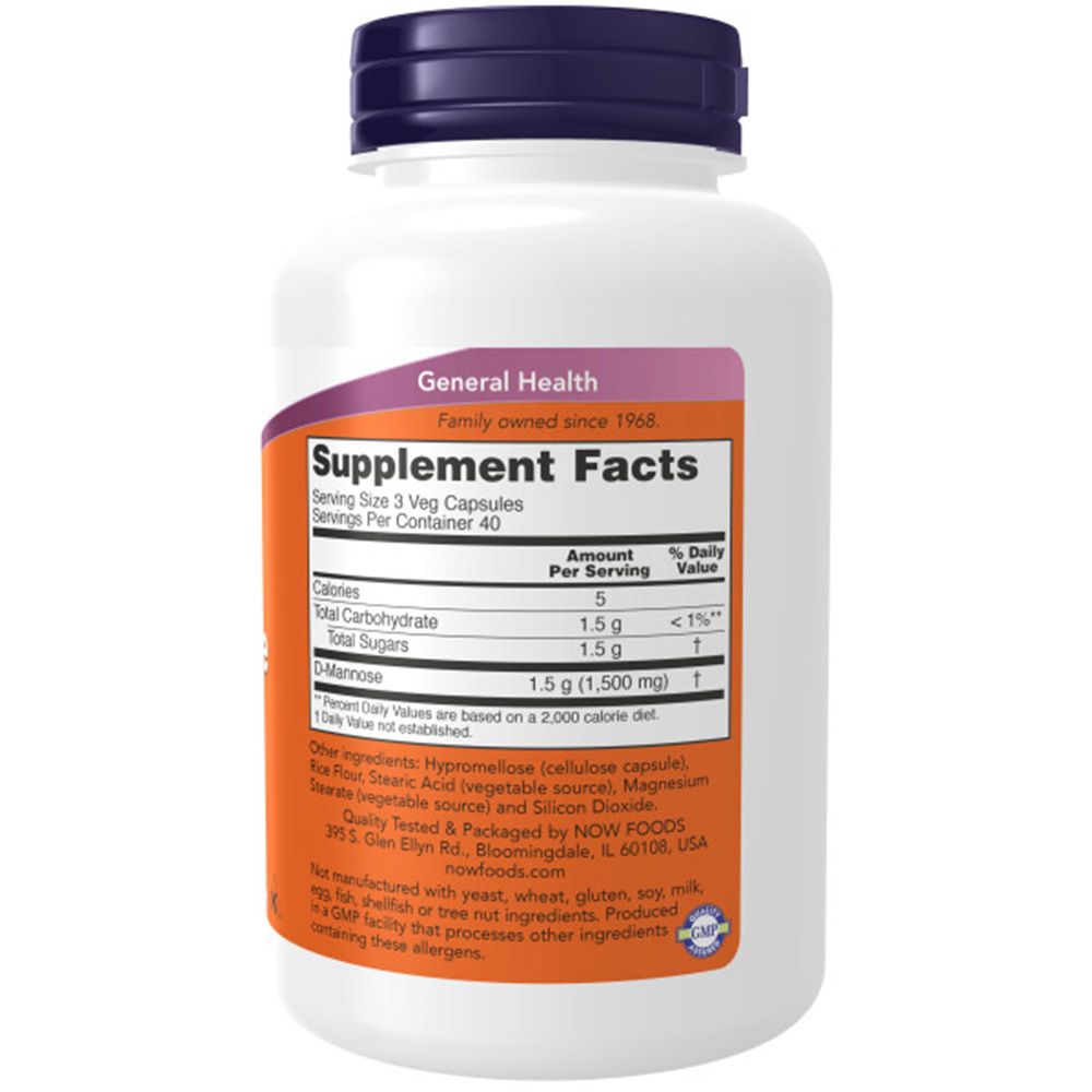Flacon blanc, bouchon violet. Étiquette avec informations produit, dont "D-Mannose 1,5 g". Marque : NOW Foods.