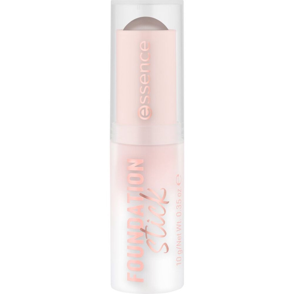 Stick de fond de teint rose avec couvercle transparent. Inscriptions "essence" et "Foundation Stick" visibles.