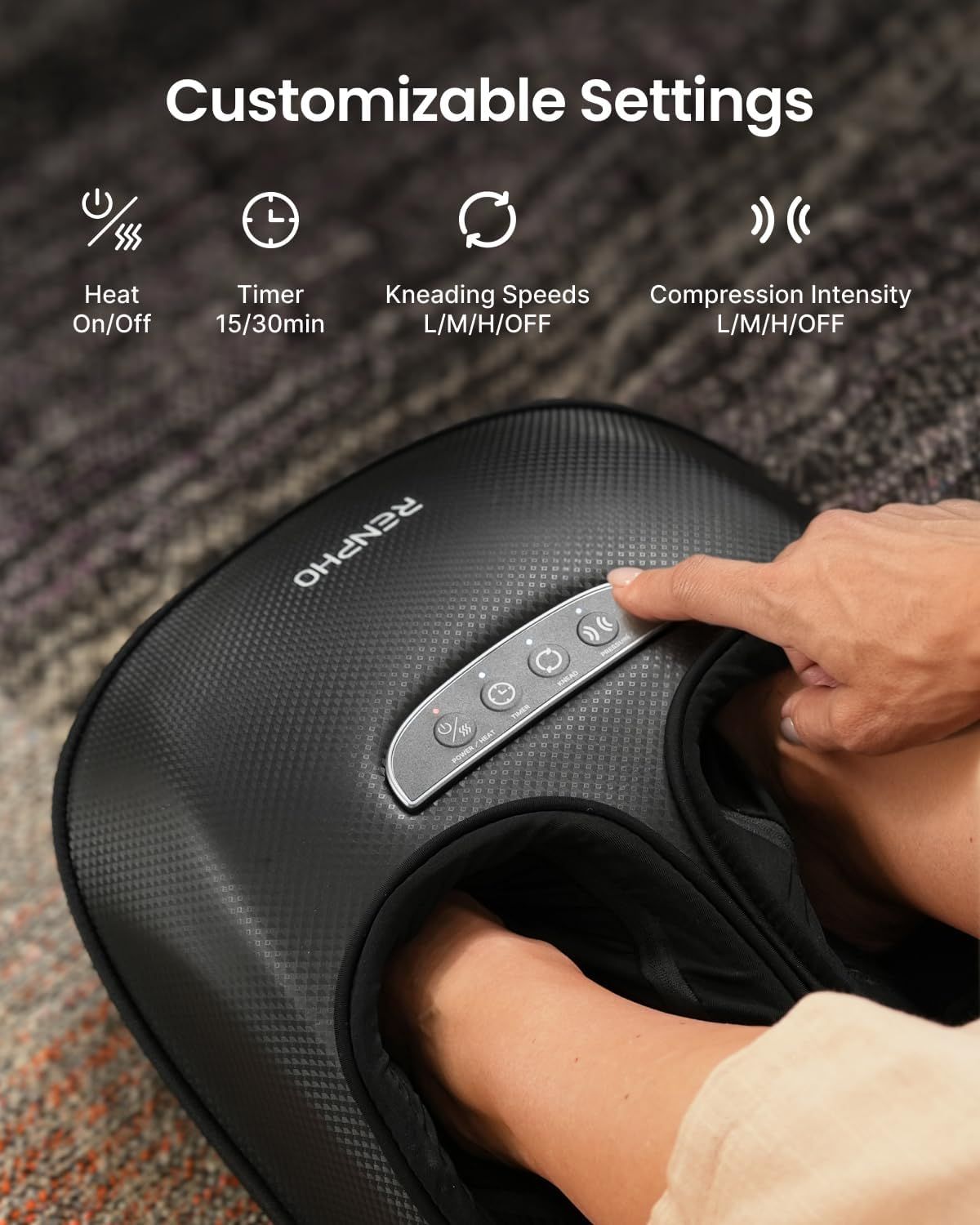 Voetmassager met warmte-, timer-, kneed- en compressie-instellingen.
