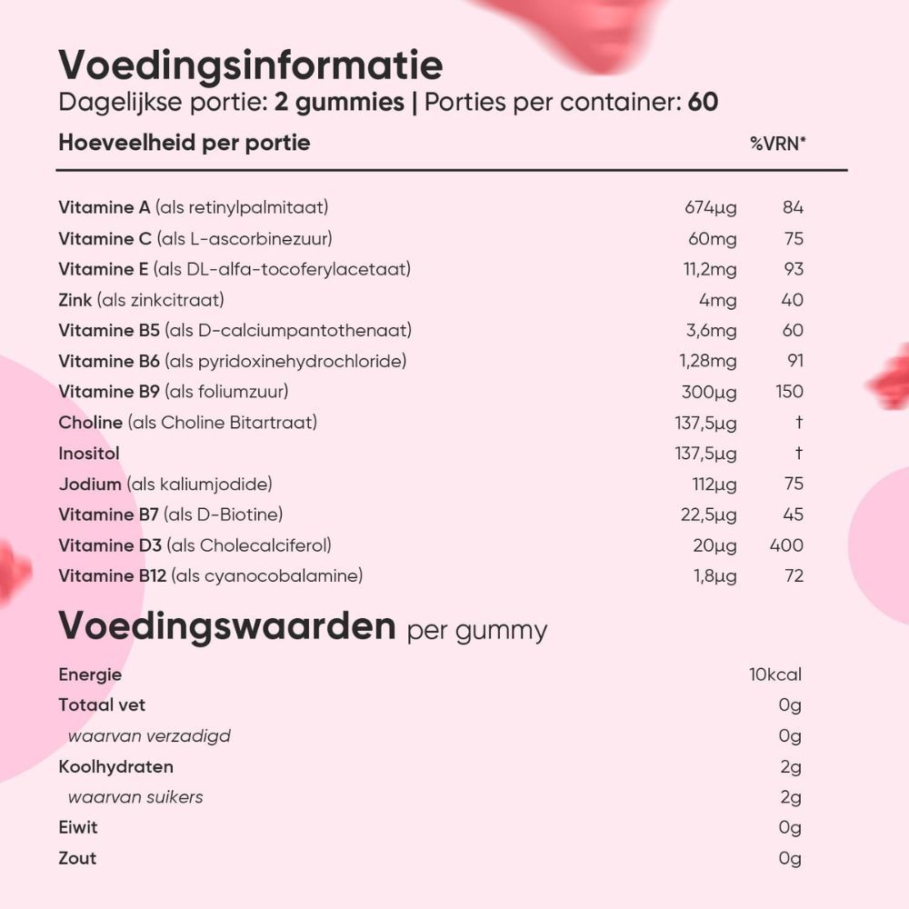 Voedingswaarde per portie (2 gummies). Bevat vitaminen A, C, E, zink, B5, B6, B9, choline, inositol, jodium, B7, D3, B12.