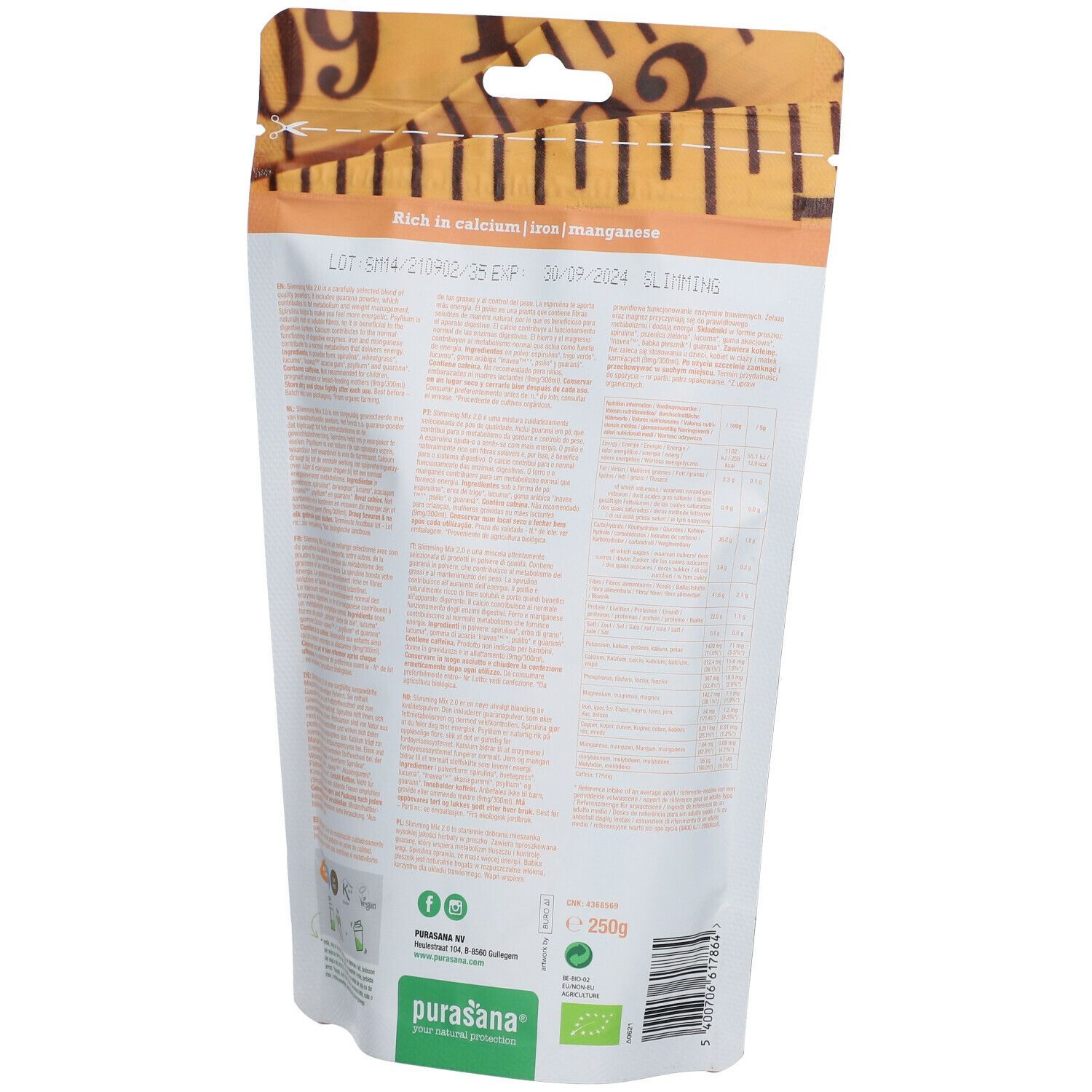 Achterkant van Purasana Slimming Mix 2.0 zakje. Bevat tekst, voedingswaarde en bio-label.