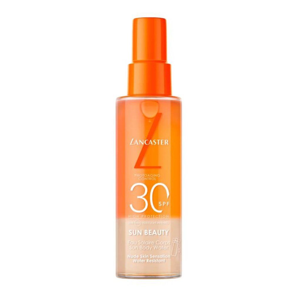 Flacon de spray pour le corps avec tête orange. Inscriptions: Lancaster, 30 SPF, Sun Beauty.