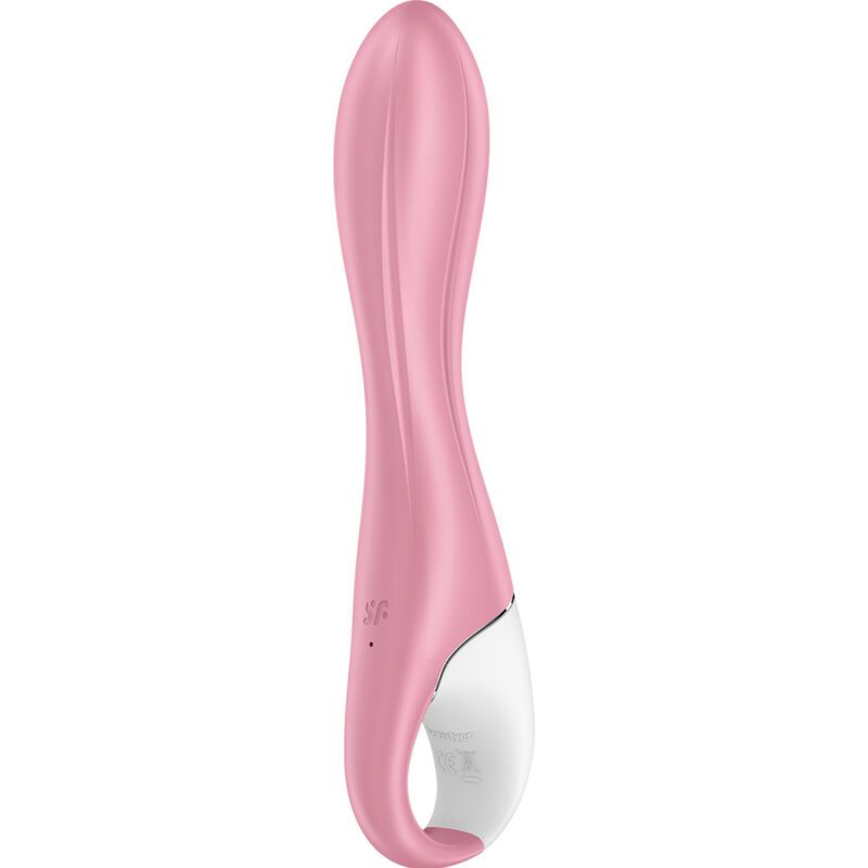 Een roze vibrator met een gebogen vorm, witte accent en SF-logo.