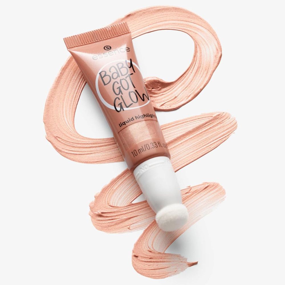 Tube d'highlighter et échantillons de produit. Marque: Essence. Texte: Baby Got Glow, Liquid Highlighter. Volume: 10 ml/0.33 fl. oz. Avec applicateur.