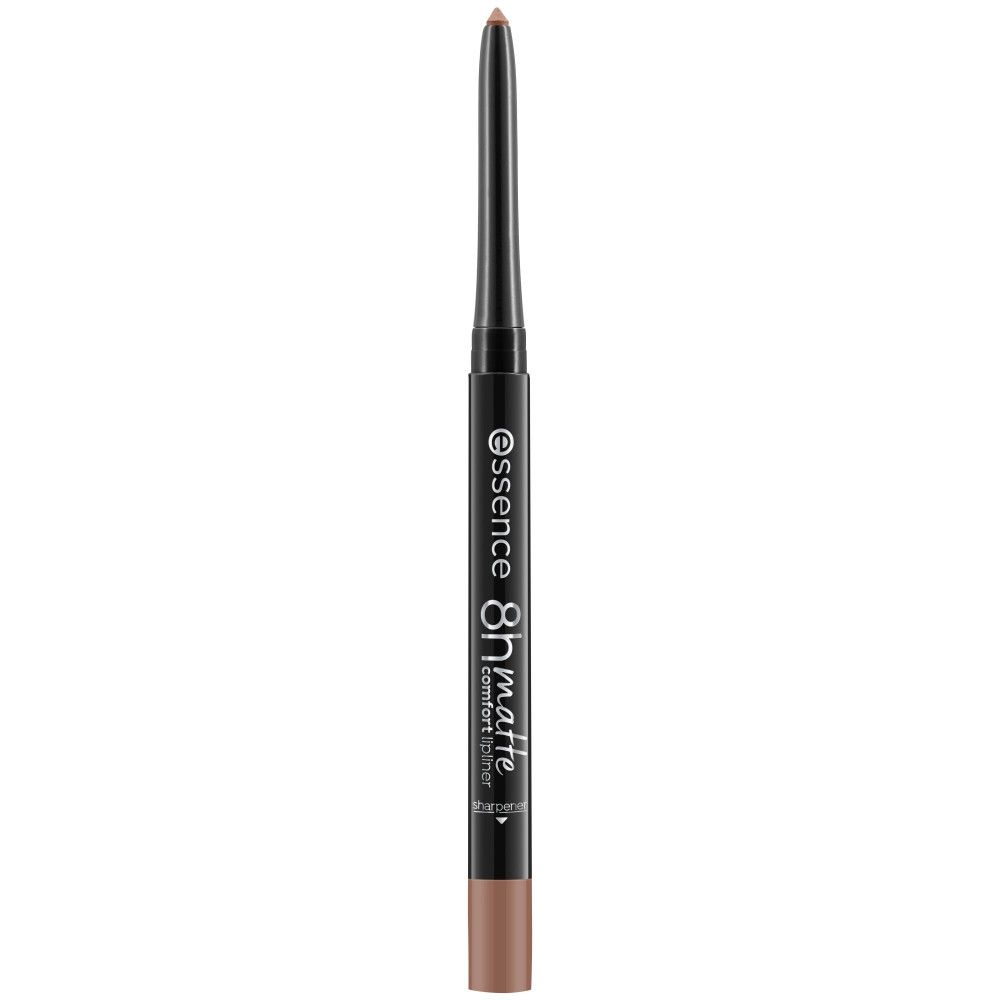 Lipliner met zwarte schacht en bruine punt. Merk: Essence, tekst: 8h matte comfort liner.