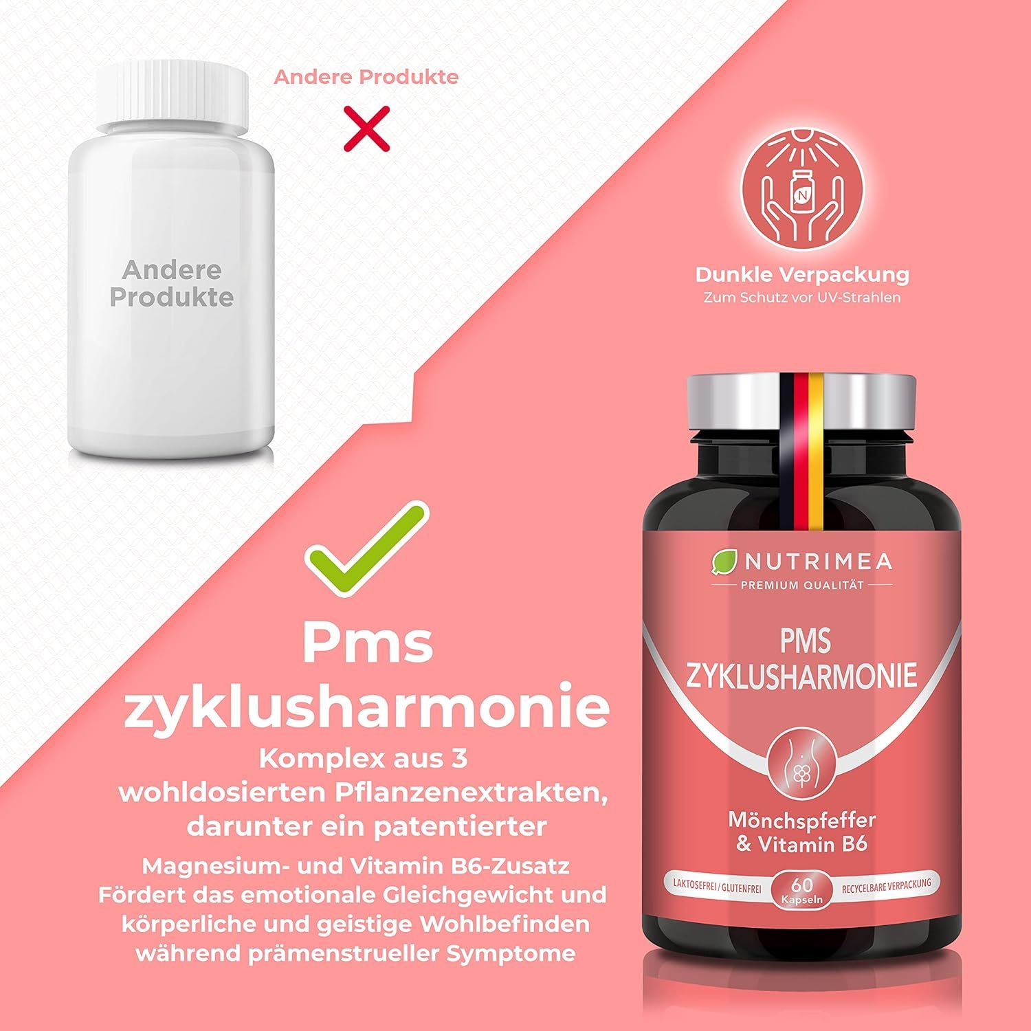 Comparaison: Pms ZyklusHarmonie vs. autre produit. Texte: Complexe d'extraits de plantes, magnésium, vitamine B6. Flacon.