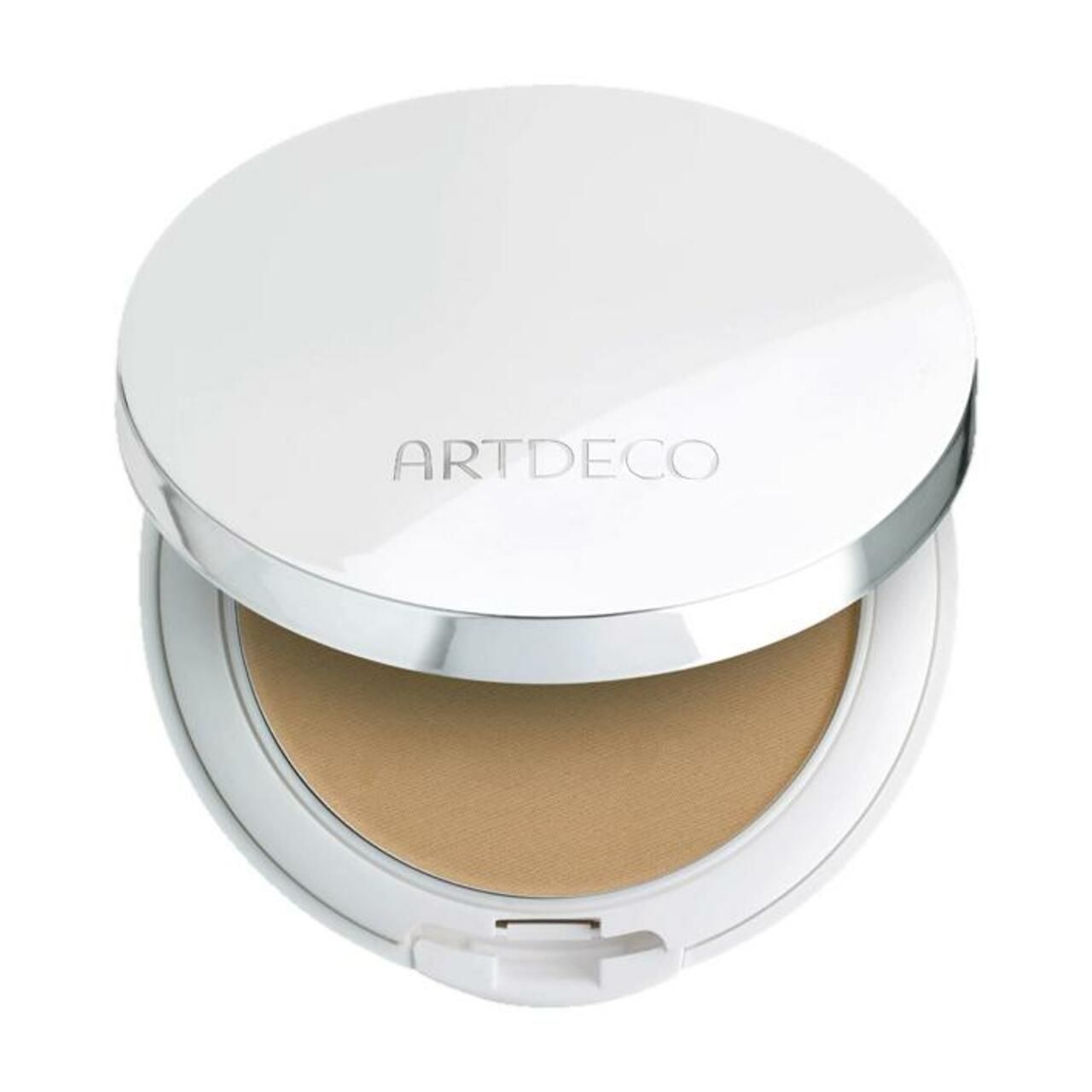 Artdeco All In One Cream Foundation. Ronde, witte compactverpakking met open deksel. Binnen: crème foundation.