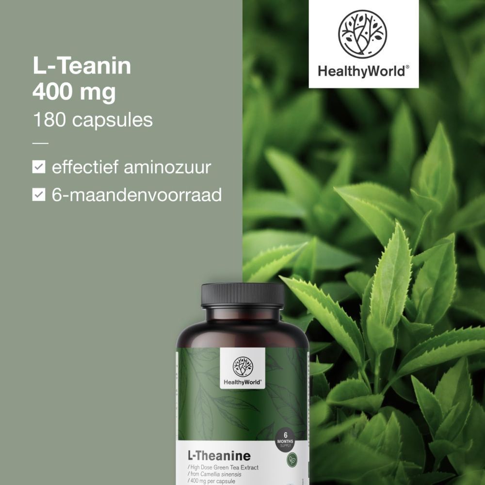 Fles met capsules. Opschrift: L-Theanine, 400 mg, 180 capsules. Merk: HealthyWorld. Tekst: effectief aminozuur.