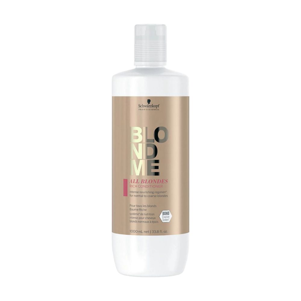 Flacon BlondMe All Blondes Rich Conditioner. Emballage blanc et doré. Logo Schwarzkopf. Texte: Bond Enforcing. 1000ml.