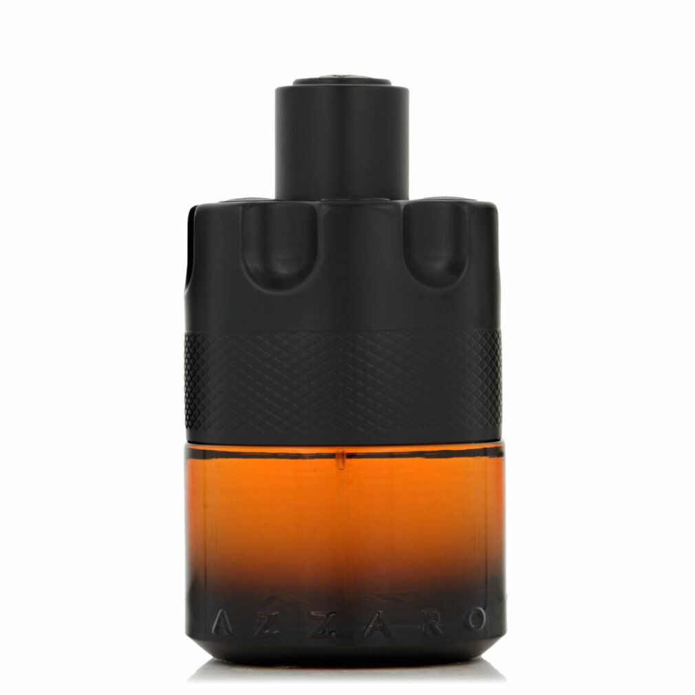Zwarte fles met bruine vloeistof. Opschrift: Azzaro. Fles met geribbelde textuur.