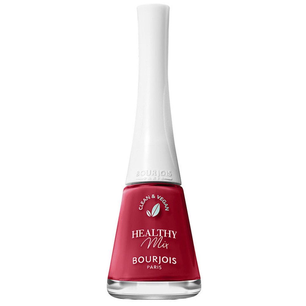 Nagellakflesje met rode vloeistof, witte dop. Opschrift: Healthy Mix, Bourjois.