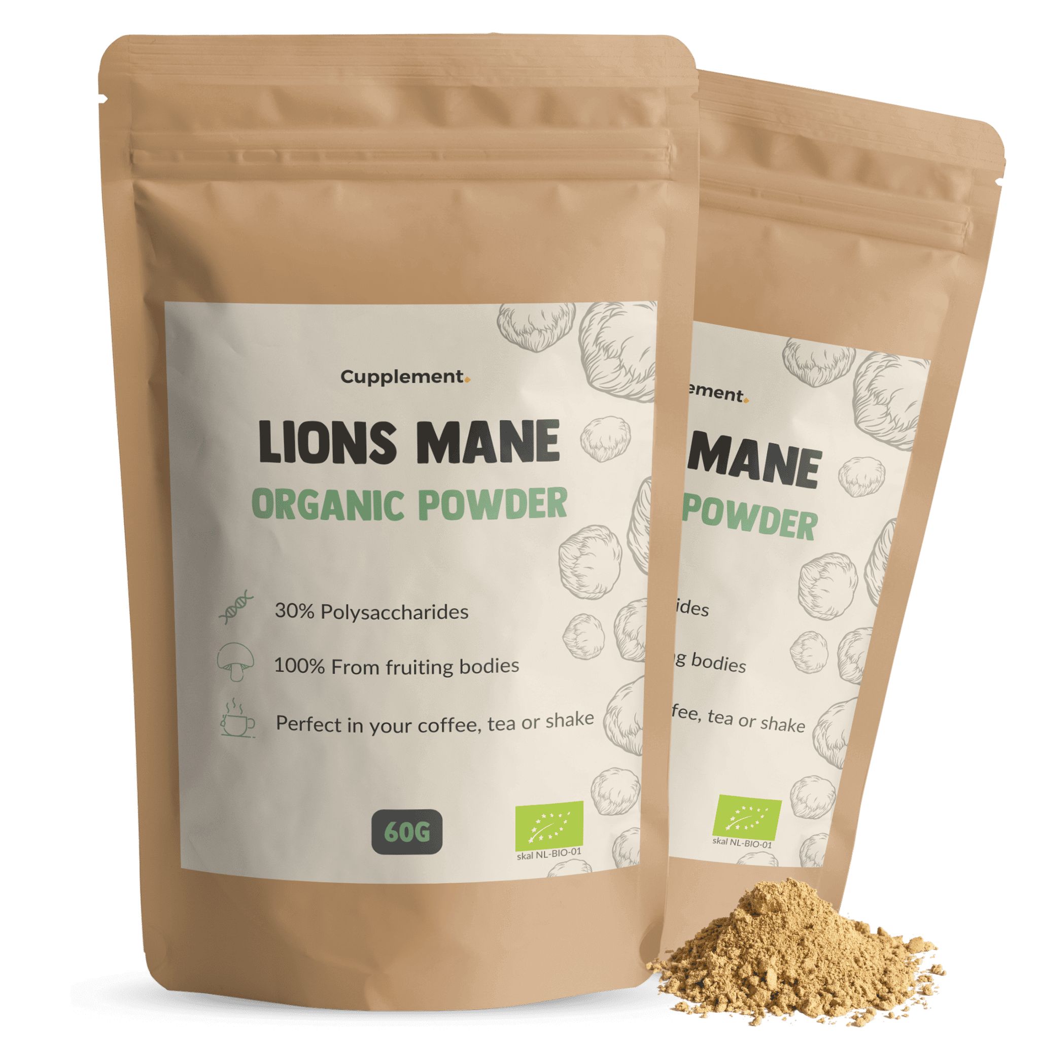 Deux sachets de poudre de crinière de lion. Emballage marron avec étiquette blanche. Texte : LION'S MANE ORGANIC POWDER.