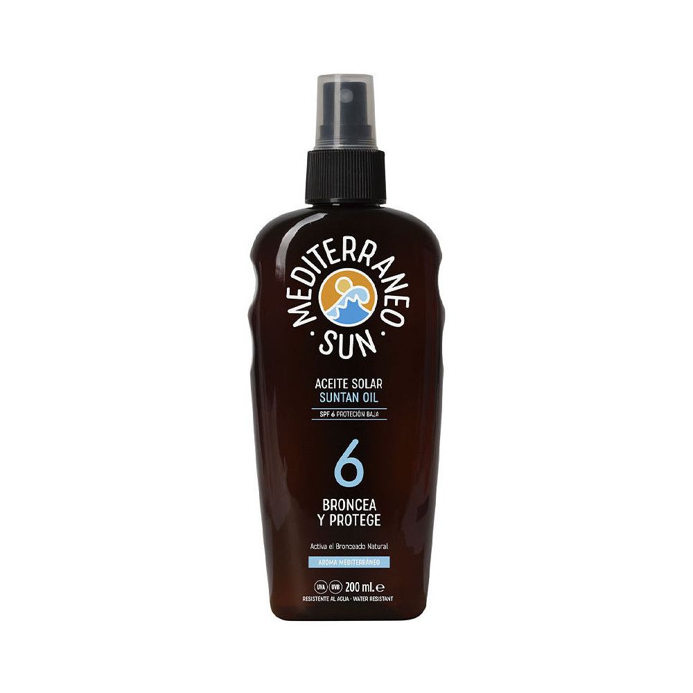 Bruine fles met verstuiver. Opschrift: Mediterraneo Sun, Aceite Solar Suntan Oil, 6, Broncea y Protege. SPF 6.