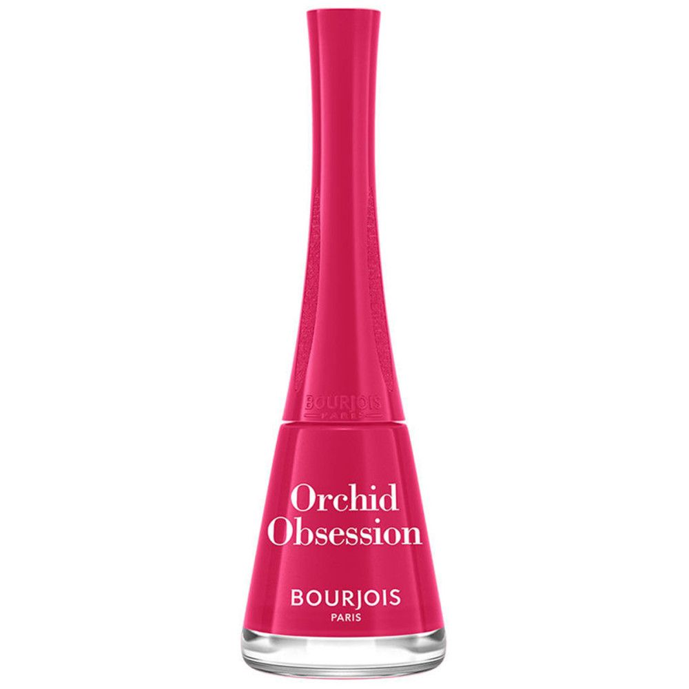 Roze nagellakfles. Opschrift: Orchid Obsession, Bourjois Paris. Transparante glazen fles.