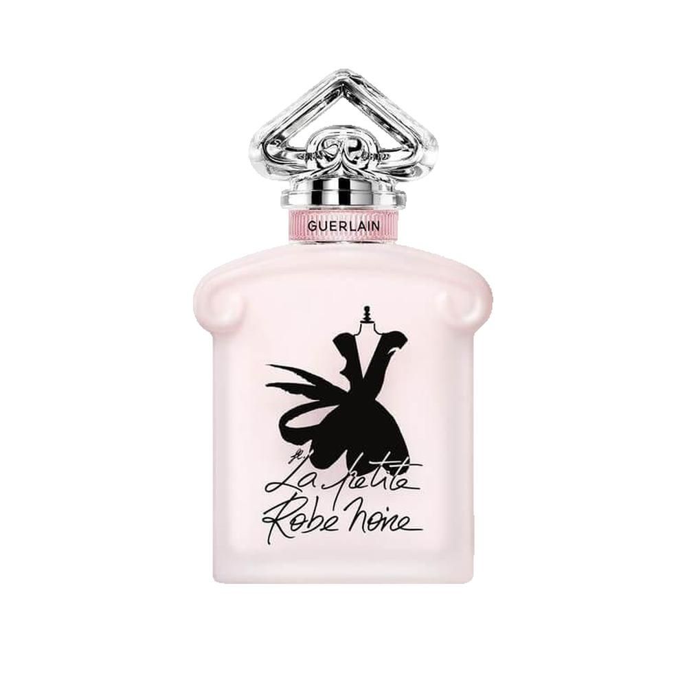Roze fles met zwart jurk-ontwerp. Zilveren dop, opschrift Guerlain. La Petite Robe Noire.
