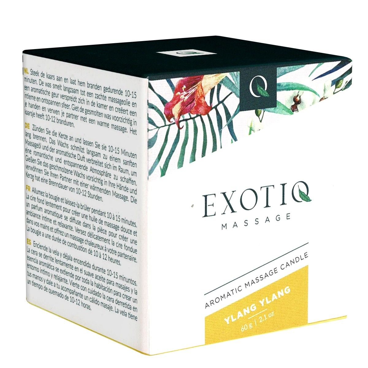 Vierkante verpakking met bloemenpatroon en tekst. Opschrift: EXOTIQ MASSAGE, AROMATIC MASSAGE CANDLE, YLANG YLANG.