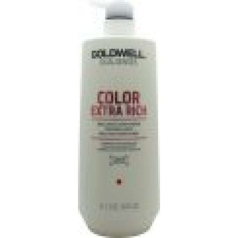 Flacon blanc avec pompe. Goldwell Dual Senses Color Extra Rich Conditioner. Texte rouge et noir. 1L.
