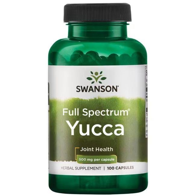 Flacon vert de gélules. Inscription: SWANSON, Yucca, 500 mg par capsule, 100 capsules. Complément à base de plantes.