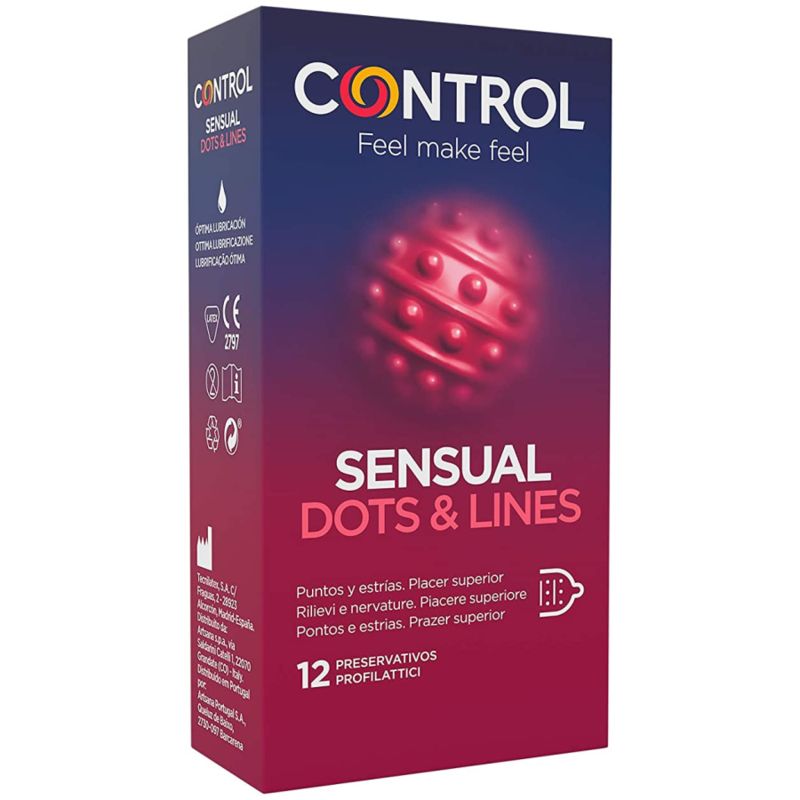 Emballage Control Sensual Dots & Lines. Boîte rouge et blanche. Contient 12 préservatifs. Illustration du produit.
