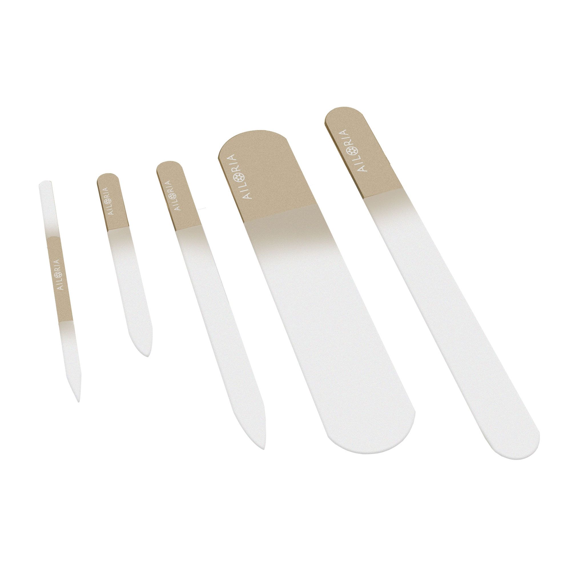 Cinq limes à ongles de différentes tailles et formes. Dégradé beige à transparent.