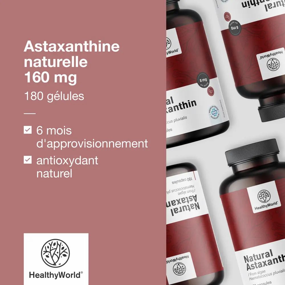 Plusieurs flacons avec gélules. Inscription : Astaxanthine naturelle 160 mg, 180 gélules. Marque : HealthyWorld.