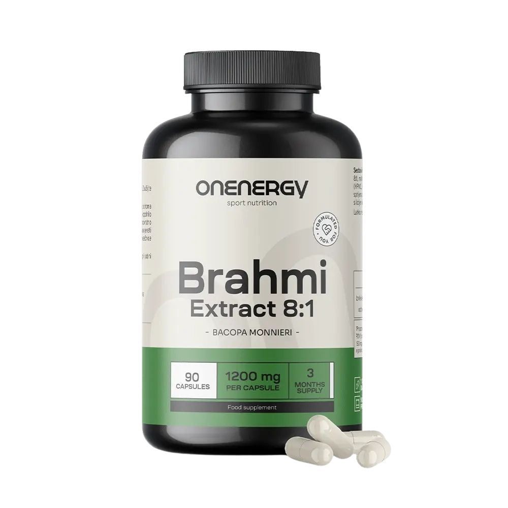 Zwarte fles met witte capsules. Opschrift: OnEnergy, Brahmi Extract 8:1, 1200 mg, 90 capsules. Zegel.
