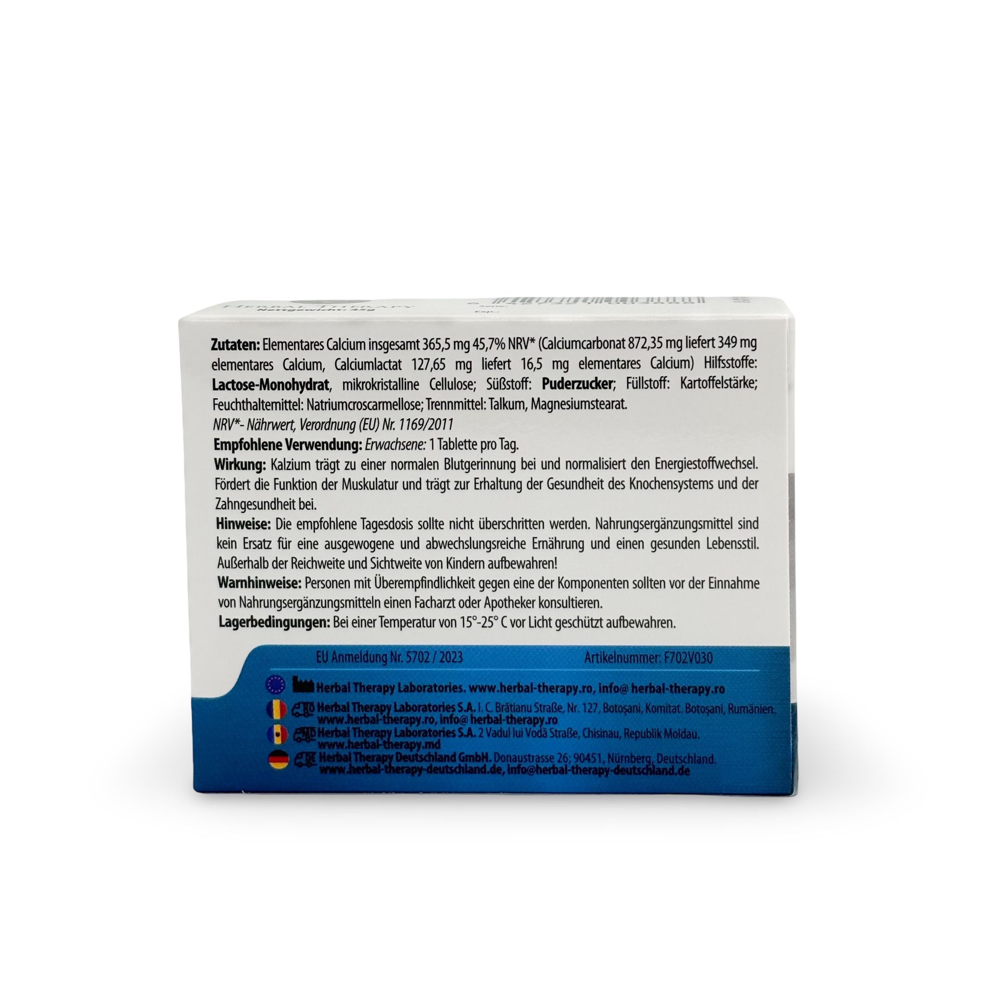 Dos de l'emballage Herbal Therapy KALZIUM 1000 mg. Contient des informations sur les ingrédients, l'utilisation et les avertissements.