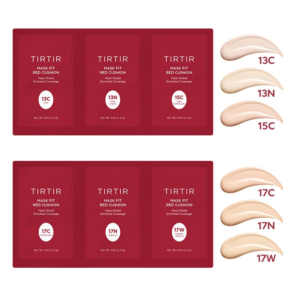 TIRTIR Mask Fit Red Cushion samples en kleurstalen. Kleuren: 13C, 13N, 15C, 17C, 17N, 17W. Enriched Coverage.