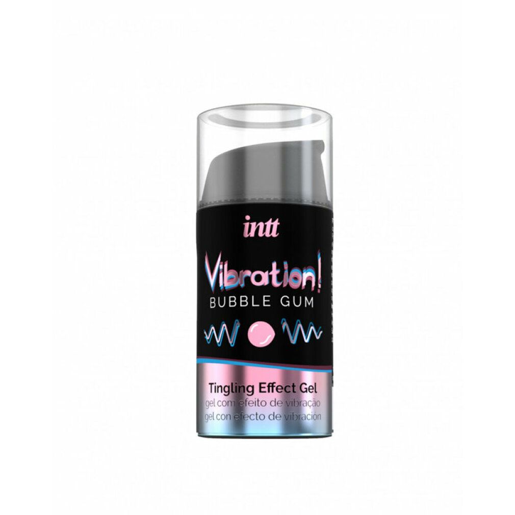 Cilindervormige gel met zwart etiket. Opschrift: INTT, Vibration! Bubble Gum, Tingling Effect Gel. Met zilveren dop.