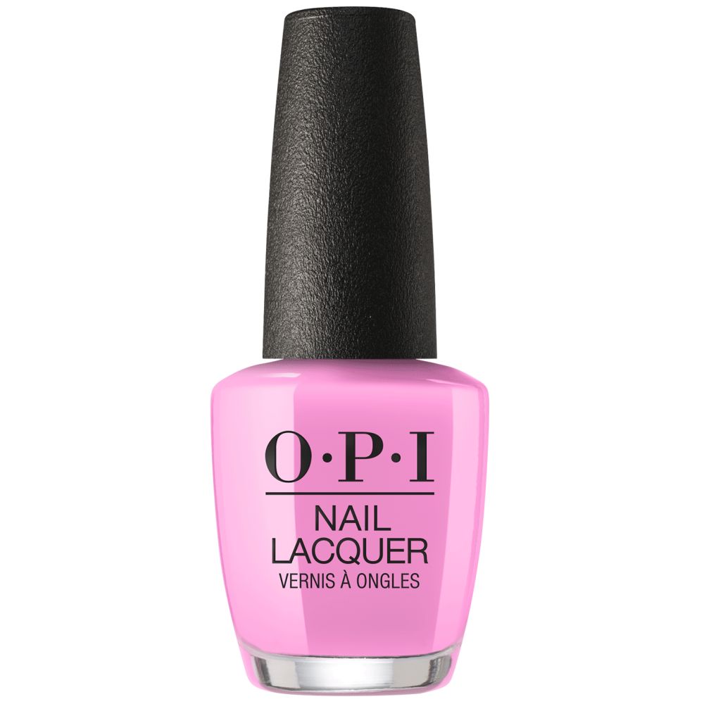 O.P.I. nagellakfles. Roze lak, zwarte dop. Opschrift: Nail Lacquer.