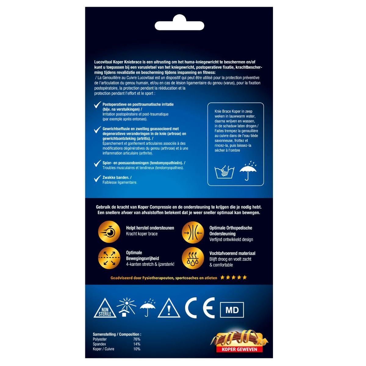 Achterkant van de verpakking. Tekst: Koper Kniebrace, ondersteunt de knie. Bevat informatie over gebruik, ingrediënten en certificeringen.