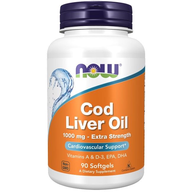 Now Foods Huile de foie de morue 1000 mg Softgels, 90 unités. Contient des vitamines A & D-3, EPA, DHA.