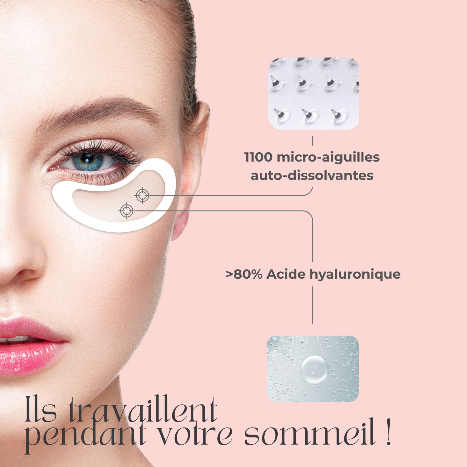 Femme avec patchs yeux. Texte : 1100 micro-aiguilles. Plus de 80% d'acide hyaluronique. Ils agissent pendant le sommeil !