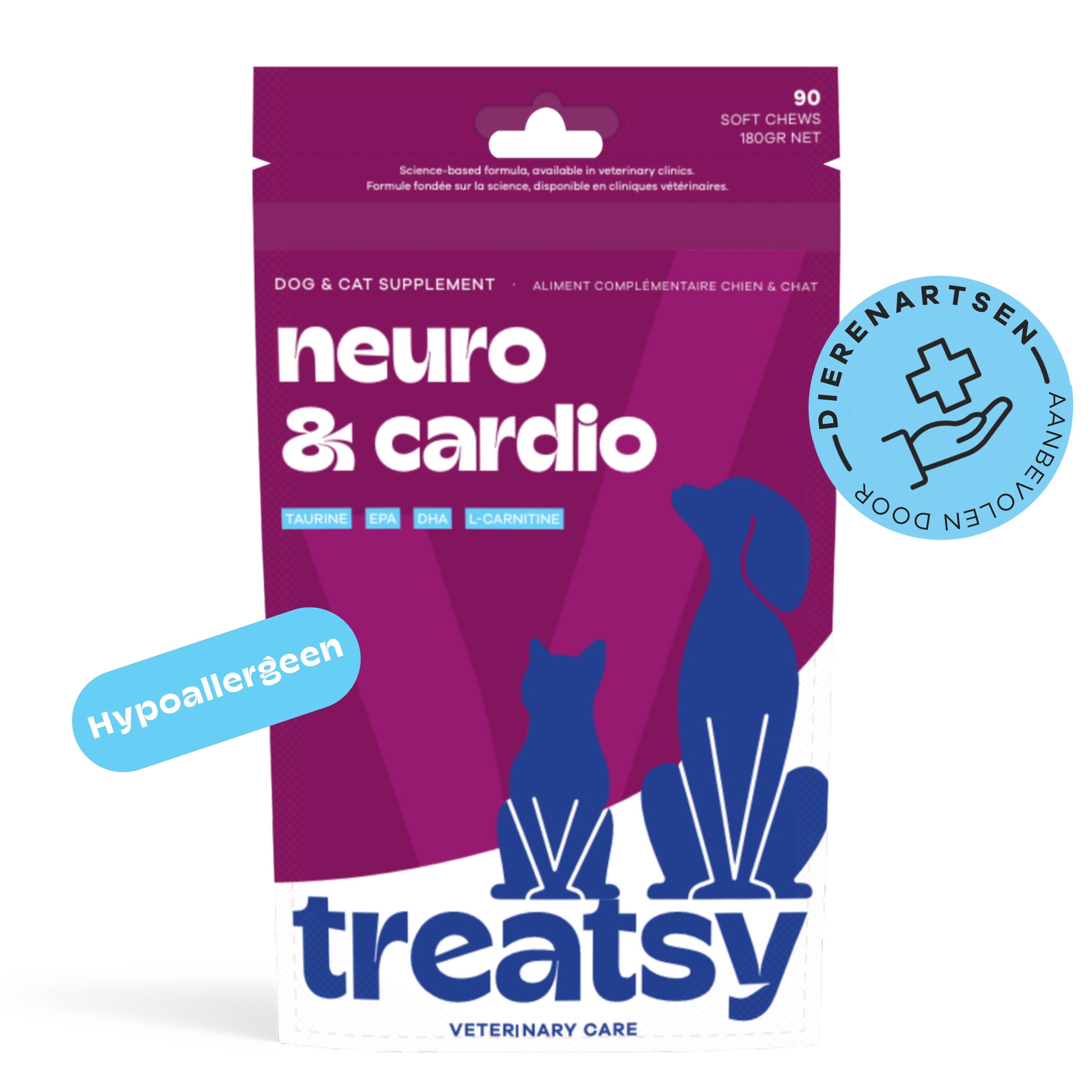 Voedingssupplement voor honden en katten. Verpakking met 90 Soft Chews. Merk Treatsy, tekst: Neuro & Cardio.