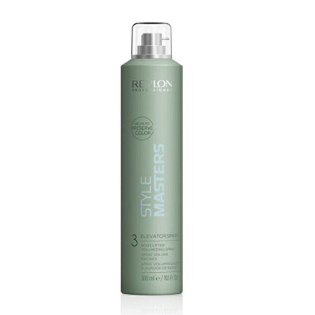 Flacon de spray vert avec tête de pulvérisation blanche. Inscriptions: Revlon, Style Masters, Elevator Spray, Root Lifter. Volume: 300 ml.