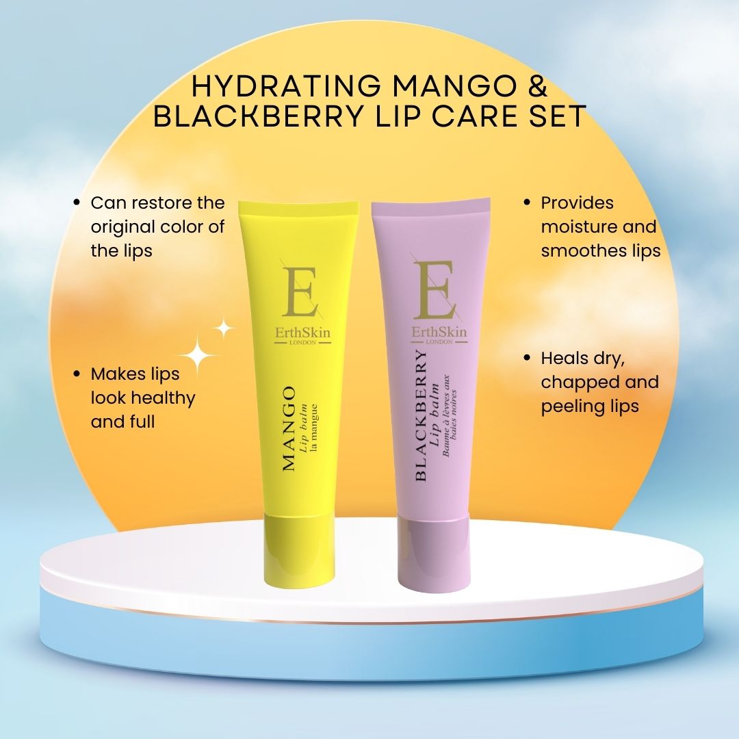 Twee ErthSkin lippenbalsem tubes: geel en lila. Opschriften: Mango, Blackberry. Op voetstuk met tekst.