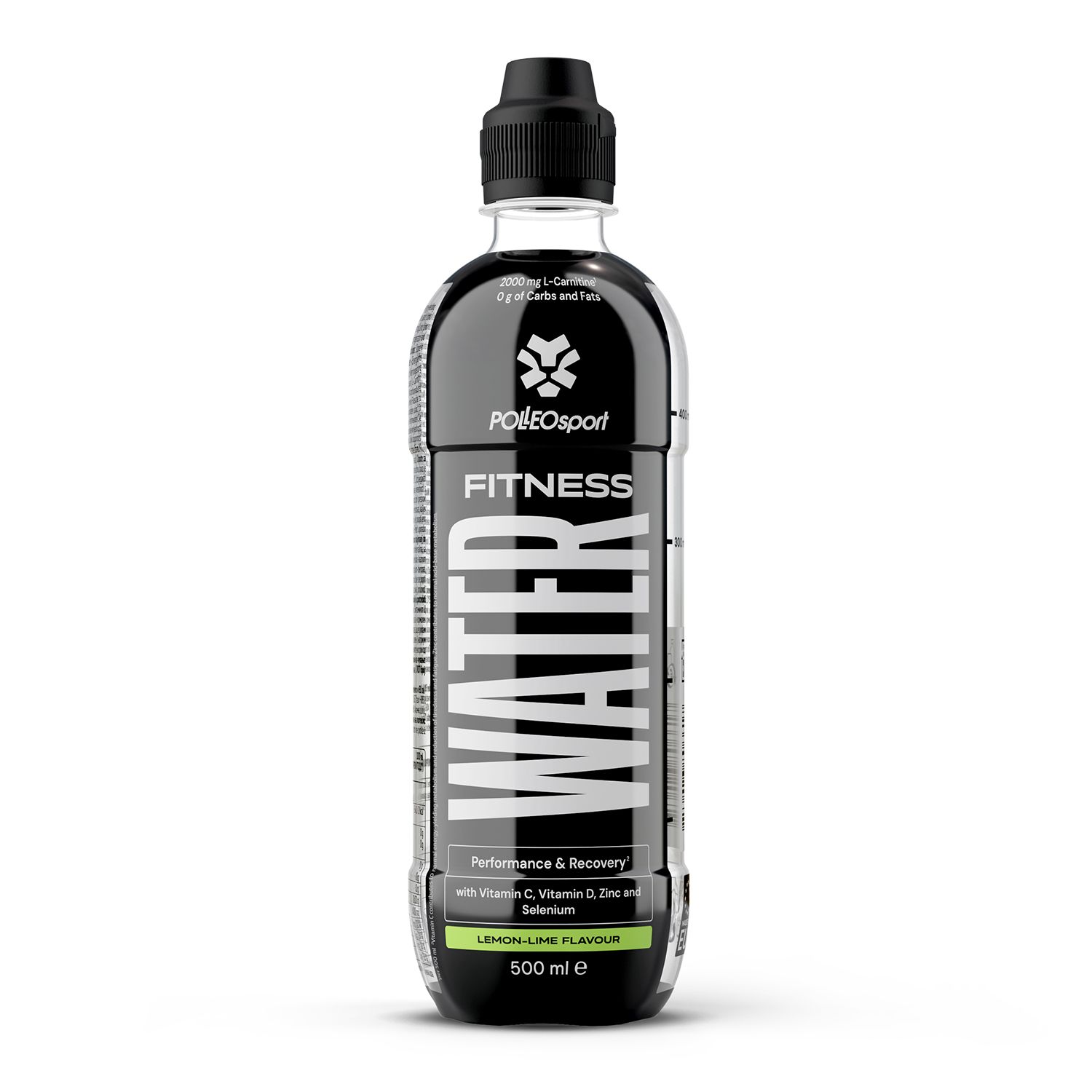 Zwarte fles met Fitness Water-opschrift. Bevat vitamine C, D, zink en selenium. Citroen-limoensmaak. 500 ml.