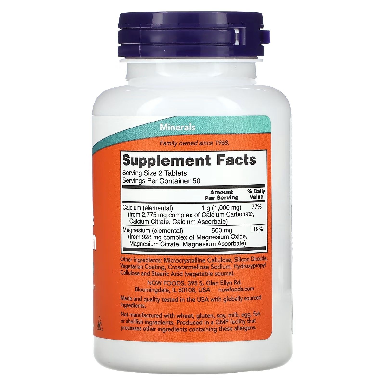 Witte fles met blauwe dop. Etiket met tekst: Supplement Facts, Calcium, Magnesium. Merk: NOW FOODS.