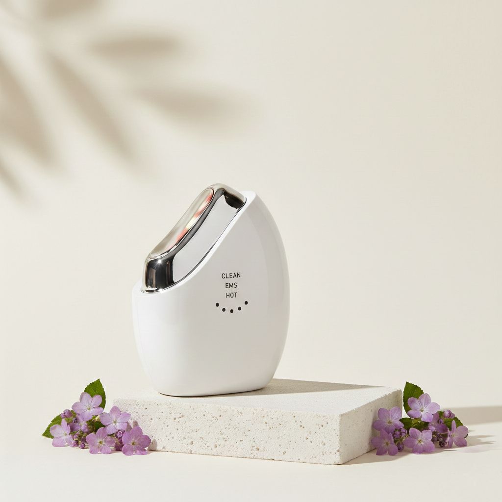 Witte EMS gezichtsmassager op een sokkel, versierd met paarse bloemen. Zachte schaduw.