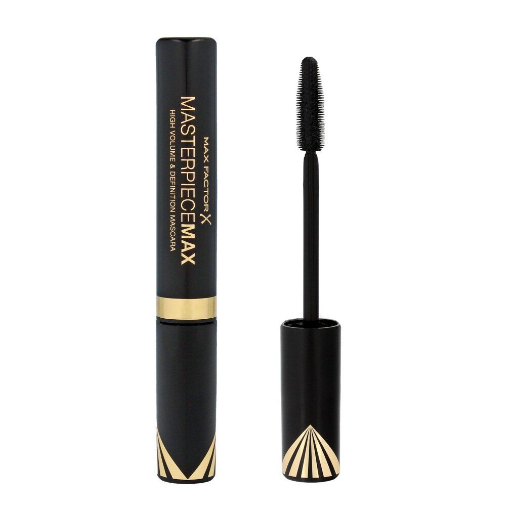 Tube de mascara noir avec détails dorés et texte. Brosse avec poils noirs. Nom du produit: MASTERPIECEMAX.