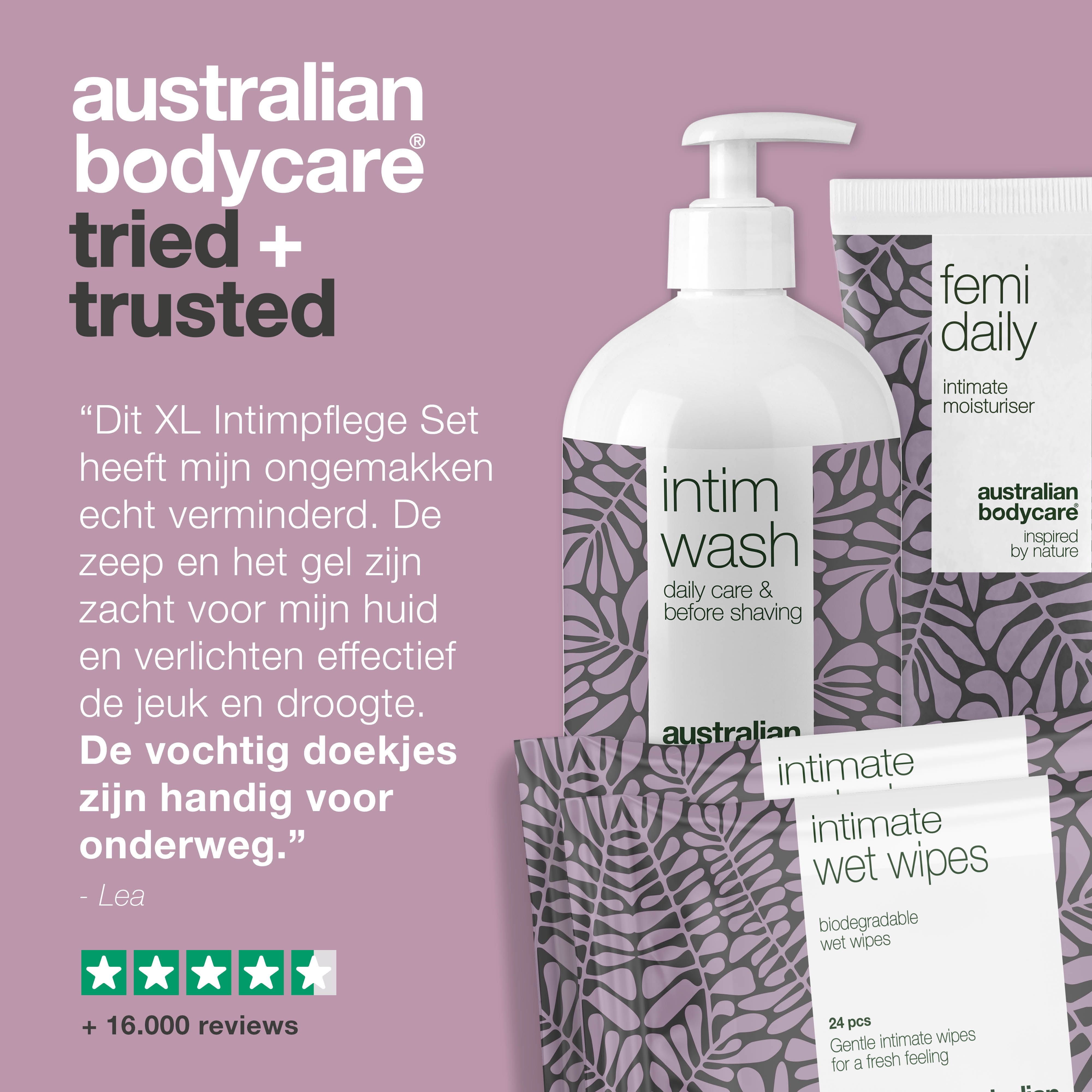 Grafiek: Australian Bodycare, beproefd en vertrouwd. Producten voor intieme verzorging. Tekst en sterren.